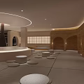 Japanese Style SPA Sauna Interior Featuring Wooden Structure Tatami Mats Stone Lanterns And Fireplace