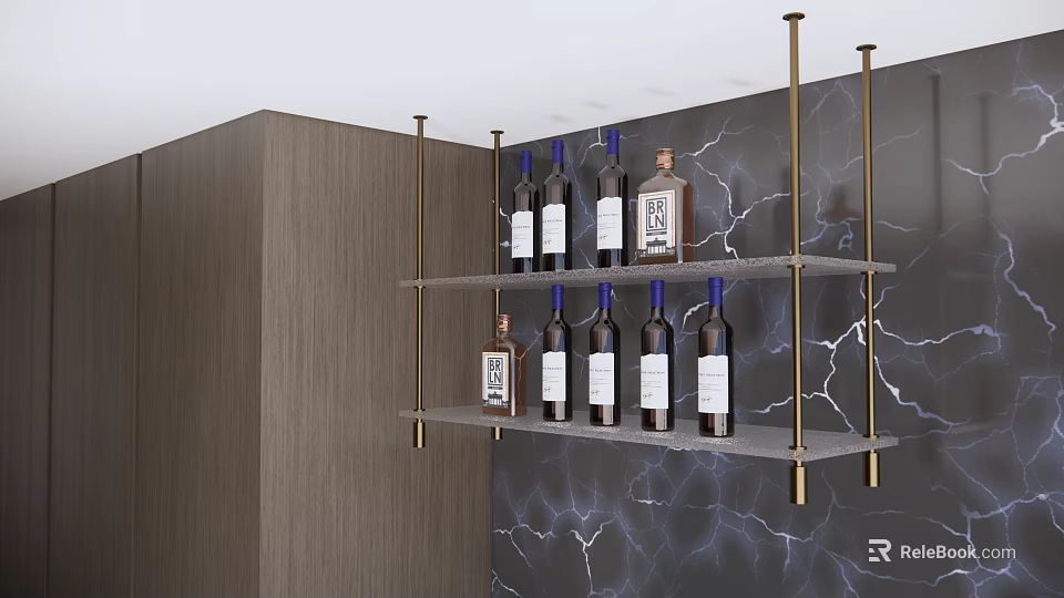 Elegant Wine Rack With Gold Metal Frame And Multiple Shelves On Marble Wall 3d model 