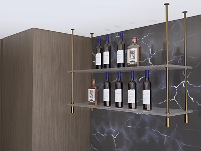 Elegant Wine Rack With Gold Metal Frame And Multiple Shelves On Marble Wall 3d model