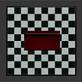 Red Upholstered Sofa With White Backrest And Tufted Design On Black And White Checkered Floor