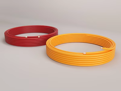Red and Yellow Coiled Flexible Hoses on Gray Surface with Secure Fastening 3d model