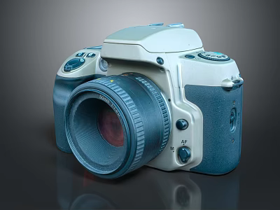Retro Digital Camera with Large Lens and Blue White Design in Digital Products 3d model