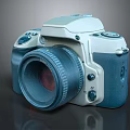 Retro Digital Camera with Large Lens and Blue White Design in Digital Products