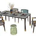Elegant Modern Dining Table Set With Chairs Tableware And Decorative Stool 3d model