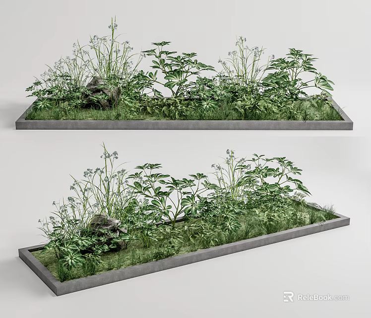 Lush Green Shrubs Growing In Rectangular Planters With Grass And Stones 3d model 