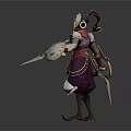 Armored Warrior In Red Purple Outfit With Mythical Creature Companion And Shield Dagger