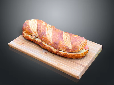 Fresh Submarine Sandwich on Wooden Cutting Board with Crusty Toasted Bread 3d model