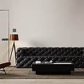 Modern Tufted Black Sofa And Rectangular Coffee Table Set With Area Rug And Floor Lamp 3d model