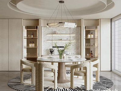 Light Luxury Modern Dining Room With Marble Round Table And Built In Wine Cabinets 3d model
