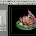 Cartoon Lotus Flower With Pink Petals Yellow Stamen And Green Lily Pad On Black Background