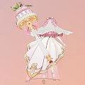Woman With Pink Hair And Cake Headpiece In Elegant White Pink Dress