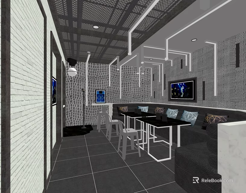 Modern KTV Lounge Interior With Comfortable Sofa Tables TV Screens And Decorative Walls 3d model 