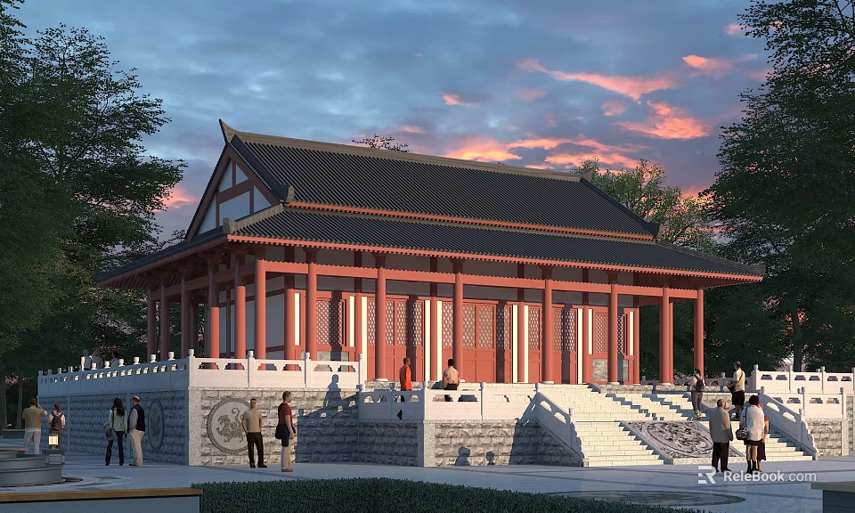 Traditional Chinese Ancient Architecture Featuring Classic Roof Red Pillars White Stone Steps And Sunset Sky 3d model 