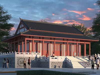 Traditional Chinese Ancient Architecture Featuring Classic Roof Red Pillars White Stone Steps And Sunset Sky 3d model
