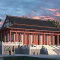 Traditional Chinese Ancient Architecture Featuring Classic Roof Red Pillars White Stone Steps And Sunset Sky