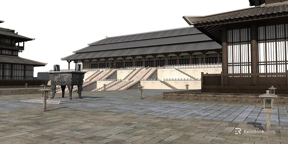 Ancient Architecture Featuring Traditional Black Roof Multiple Columns Stone Steps Plaza and Ancient Cauldron 3d model 