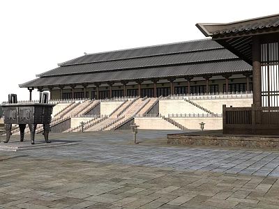 Ancient Architecture Featuring Traditional Black Roof Multiple Columns Stone Steps Plaza and Ancient Cauldron 3d model