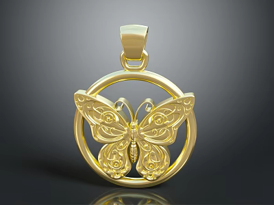 Gold Butterfly Pendant With Ornate Circular Design For Fashion Accessories 3d model