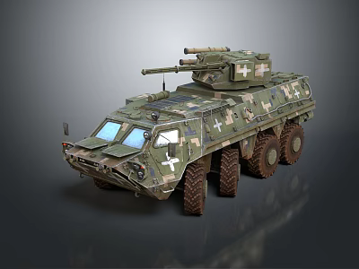 Armored Military Vehicle With Camouflage Paint Turret Protective Armor And Six Wheel Drive 3d model