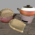 Traditional Tableware Set With Bamboo Baskets Ceramic Pot And Wooden Table 3d model