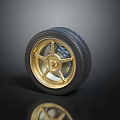 Premium Car Tire With Golden Wheel Rim And Black Tread On Dark Reflective Surface
