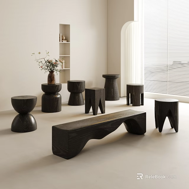 Modern Black Wooden Stools With Various Designs In Minimalist Interior Space 3d model 