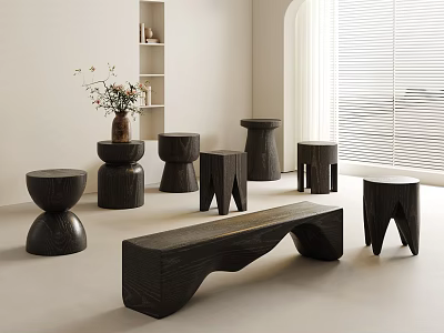 Modern Black Wooden Stools With Various Designs In Minimalist Interior Space 3d model