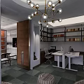 Public Office Space Open Layout Marble Wall Round Mirror Wooden Screen Work Desks Computers Greenery 3d model