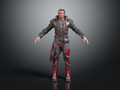 Game Movie Character Wearing Futuristic Gray And Red Armored Costume With Metallic Texture 3d model