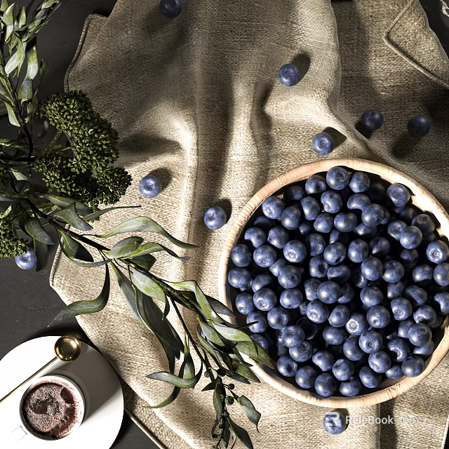 Fresh Blueberries in Wooden Bowl with Scattered Green Leaves and Linen Cloth on Dark Surface 3d model 