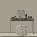 Elegant Luxury Modern Dressing Table For Bedroom With Round Makeup Mirror And Patterned Stool