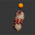 Cartoon Pig In Santa Hat With Red White Striped Scarf Holly Branch And Orange Ball