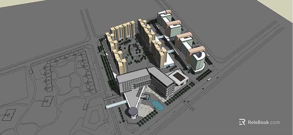 Modern Urban Building Complex With Green Spaces Central Plaza And Roads 3d model 