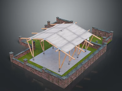 Outdoor Structure With White Canvas Canopy Wooden Pillars Brick Walls Concrete Floor And Grass Area 3d model