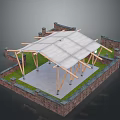 Outdoor Structure With White Canvas Canopy Wooden Pillars Brick Walls Concrete Floor And Grass Area