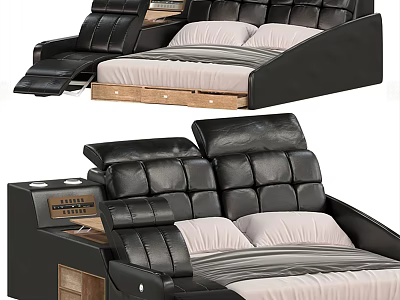 Black Leather Double Bed With Adjustable Headrests And Wooden Frame Side Storage Design 3d model