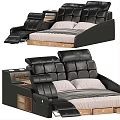 Black Leather Double Bed With Adjustable Headrests And Wooden Frame Side Storage Design
