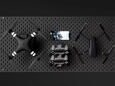 Drone And Smartphone With Battery Pack Accessories On Perforated Black Board Setup 3d model