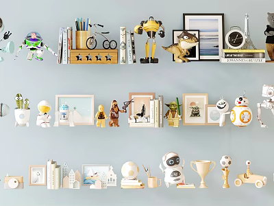 Modern Decorative Ornament Set With Toy Models Photo Frames Trophies Small Plants And Stationery 3d model