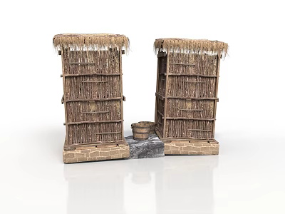 Modern Rustic Bamboo Structures With Thatched Roofs Stone Slab And Wooden Bucket 3d model