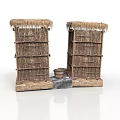 Modern Rustic Bamboo Structures With Thatched Roofs Stone Slab And Wooden Bucket