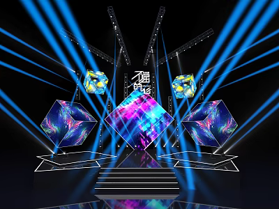 Modern Stage Design With Diamond Shaped Screens Steps And Blue Lighting Effects 3d model