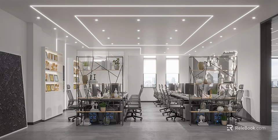 Modern Public Office Space With Open Workstations Plants Wall Art And Natural Light 3d model 