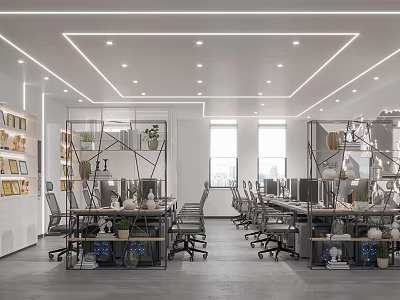 Modern Public Office Space With Open Workstations Plants Wall Art And Natural Light 3d model
