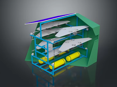 Weapon Storage System With Green Enclosure Blue Frame White Drones And Yellow Cylinders 3d model