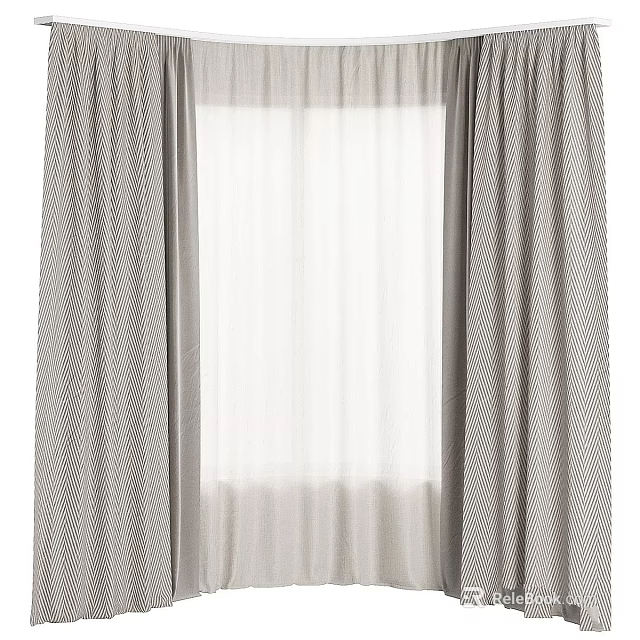 Gray Herringbone Curtains With Sheer Window Panel For Home Interior Design 3d model 