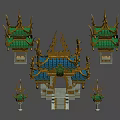 Traditional Chinese Architecture with Golden Decorations Green Blue Roofs Symmetrical Structures and Lantern like Elements