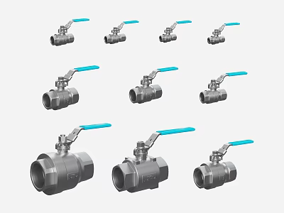 Stainless Steel Ball Valves With Blue Lever Handles In Multiple Designs 3d model