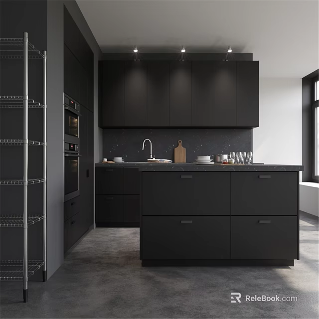 Modern Black Kitchen Cabinets With Island Counter Sink And Appliances 3d model 