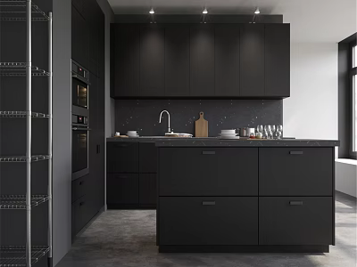 Modern Black Kitchen Cabinets With Island Counter Sink And Appliances 3d model